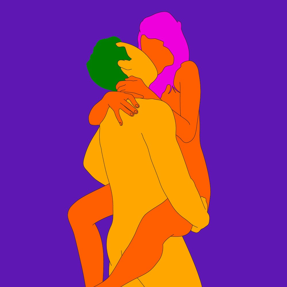 A naked illustrated couple. One is stood up and the other is being held up with their legs wrapped around their lover's waist.